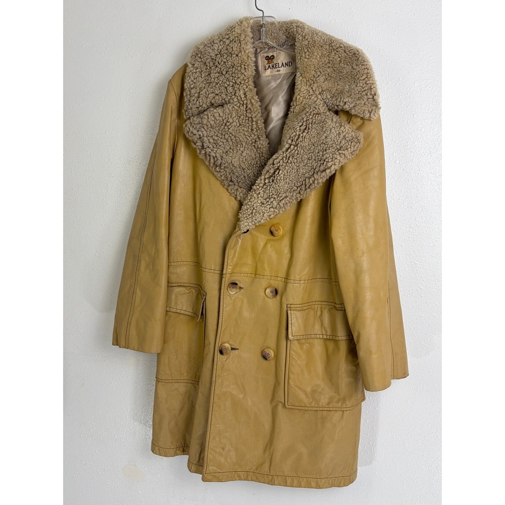 Vintage Lakeland Tan Leather Shearling Collar Double Breasted Coat 40